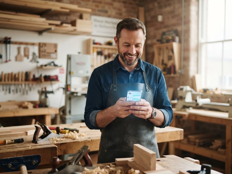 A local merchant smiling in a bright, modern woodworking workshop, holding a mobile phone displaying a clean chat interface, natural window light, 50mm lens.