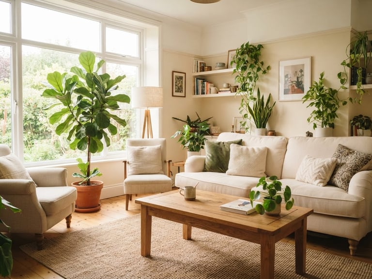 Bright, clean, fully furnished shared living room with natural window light, soft cream walls, green plants, warm editorial photography, 35mm lens.