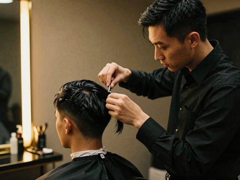 Barber Lâm Râu in a tailored black shirt meticulously styling a client's hair, warm gold lighting, soft shadows, luxury studio background with gold accents, 35mm film.