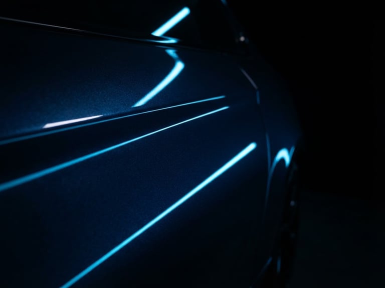dark moody automotive photography, sharp neon blue reflections, high-contrast studio lighting, glossy metallic paint, macro lens, 35mm, close-up of a car door with linear light reflections