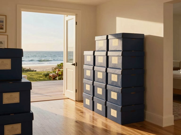 Elegant packed moving boxes with luxury labels in a sunlit coastal home entryway, polished hardwood floors, soft gold light.