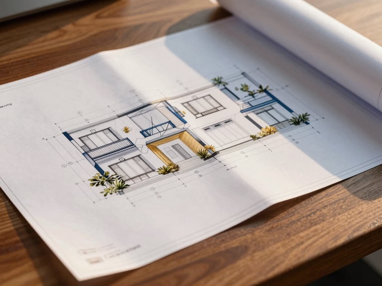 Close-up of high-end architectural blueprints on a polished teak wood desk, natural light, crisp details, soft gold tones.