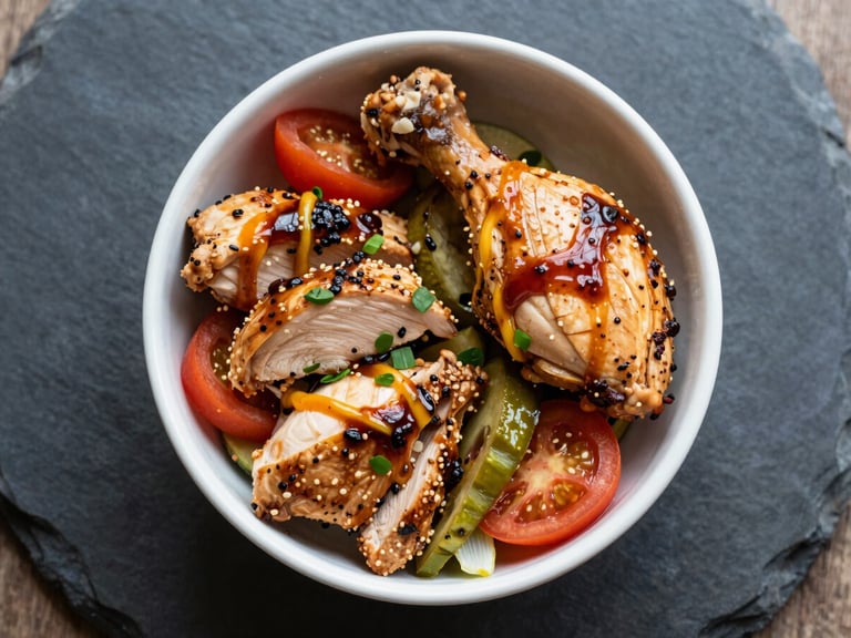 Overhead flatlay of a vibrant high-protein chicken bowl on a dark slate background, bright natural side-lighting emphasizing texture, rich saturated colors