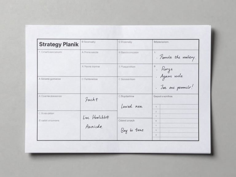 Overhead flat-lay of a strategy planning document with segmentation grids and handwritten annotations, on a light grey surface, even neutral studio lighting