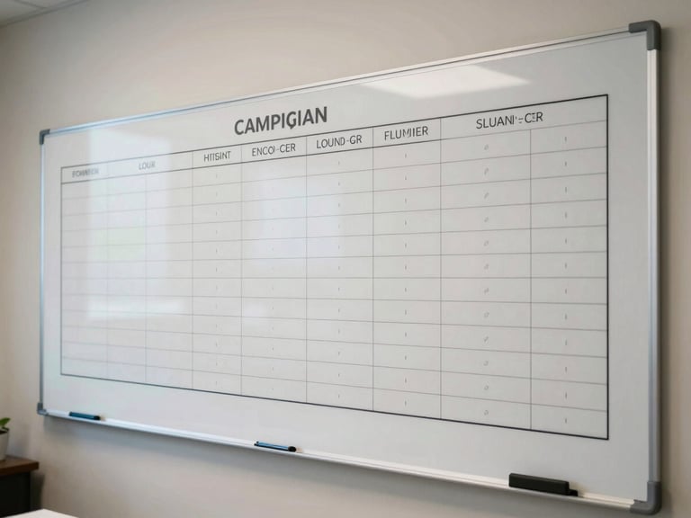 Wide shot of a whiteboard covered in a clean campaign framework with labeled columns and metric targets, neutral office lighting, no people in frame