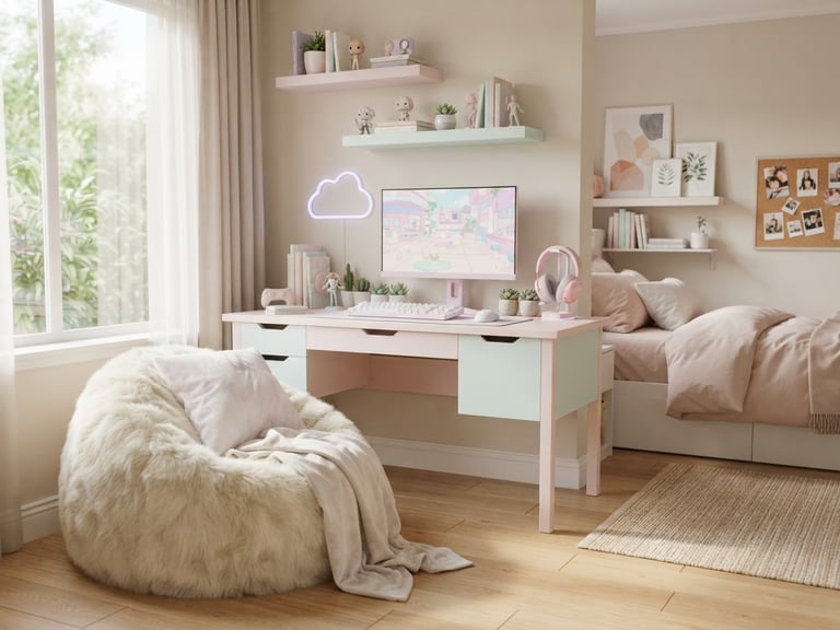 Bright, soft natural daylight illuminating a neatly organized teen bedroom with a pastel wood gaming desk and wall-mounted shelves, a cozy faux fur bean bag in the foreground, clean composition, shallow depth of field, wide panoramic 21:9 frame.