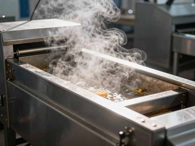 High-contrast shot of a massive industrial conveyor fryer, steam vapor rising, dramatic rim lighting on stainless steel edges