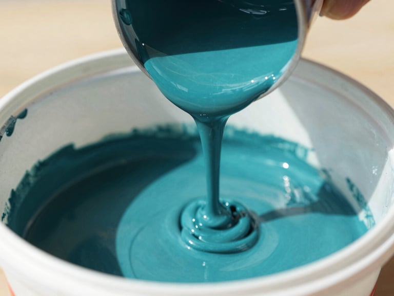 Eye-level macro shot of rich teal paint being poured into a clean mixing container, bright natural daylight, shallow depth of field