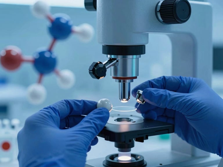 Macro close-up of a scientist's gloved hands operating precision molecular analysis equipment in a sterile laboratory, cool blue lighting, abstract molecular structures in background.