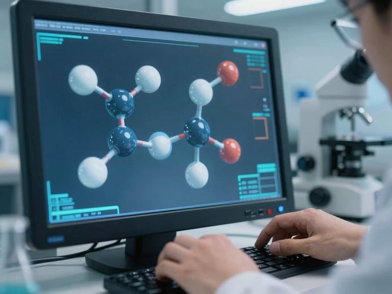 Close-up of molecular structures on a screen in a futuristic laboratory, scientist's hands on precision equipment, cool crisp studio lighting, blue and teal accents, macro lens.