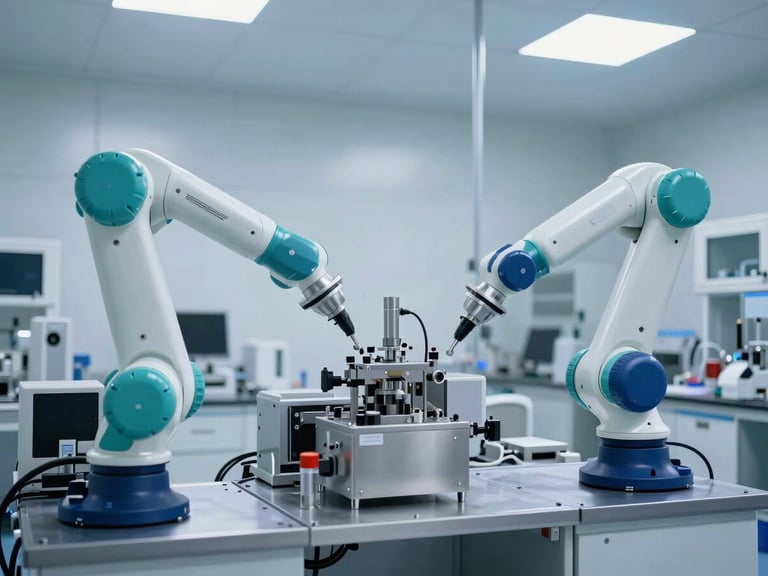 Wide shot of a sterile, automated pharmaceutical production line with advanced robotics, sharp teal accents, cool studio lighting, emphasizing scale and precision.
