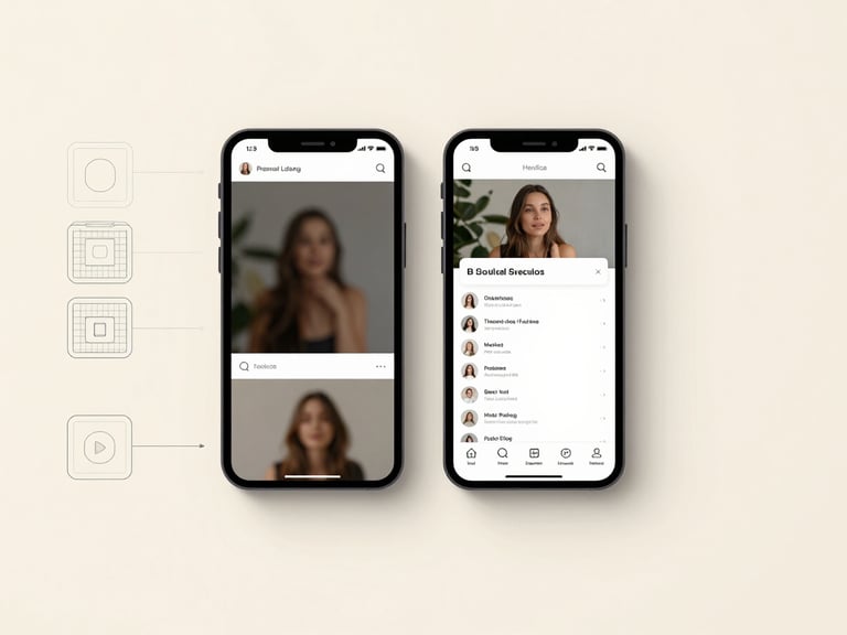 A crisp, high-fidelity panoramic screenshot of a premium social media ad layout, displaying annotated wireframe overlays on the left, natural studio lighting, soft cream canvas background.