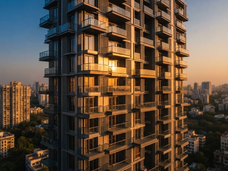 Architectural detail of a modern luxury residential skyscraper in Vikhroli East, warm golden-hour light reflecting off glass balconies, clean geometric lines