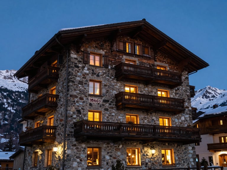 Low-angle cinematic frame of a boutique stone hotel in the Swiss Alps during blue hour, warm lights spilling from windows, snow-dusted peaks behind.