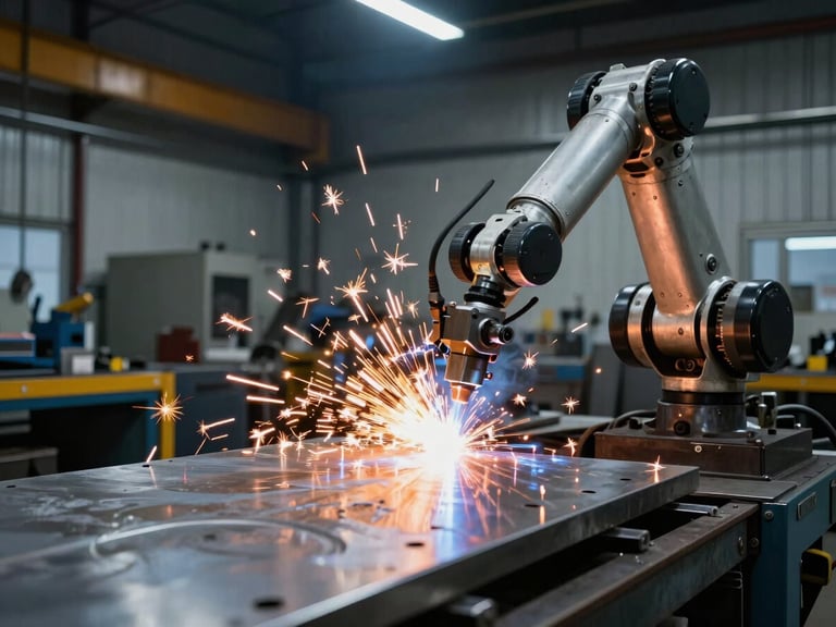 Dramatic industrial photography, high-contrast workshop lighting, robotic welding arm emitting bright orange sparks against cool steel plates, 35mm lens, wide panoramic framing
