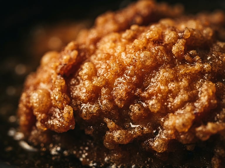 Macro close-up of a golden-brown crispy chicken skin texture with glistening hot oil, dramatic side lighting, dark moody background