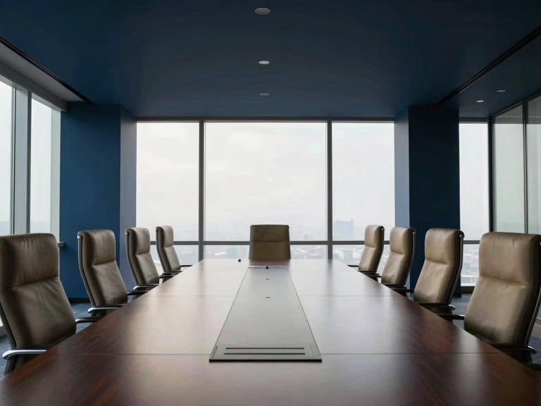 Architectural wide shot of an empty, modern executive boardroom with a long table and high-backed chairs, natural light streaming through large windows, deep navy blue accents, high contrast.
