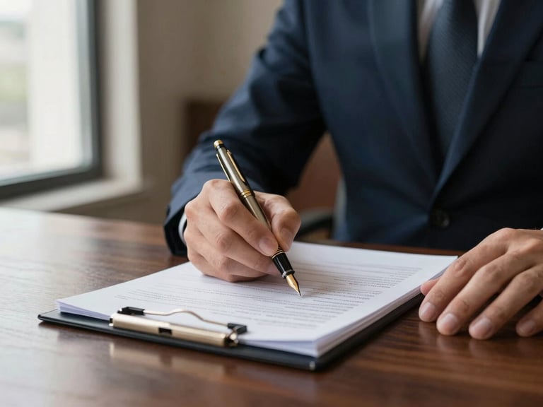 Medium-close shot of a professional hand holding a fountain pen, poised over a financial report on a polished dark wood table, soft window light from the left, deep navy and muted gold accents.
