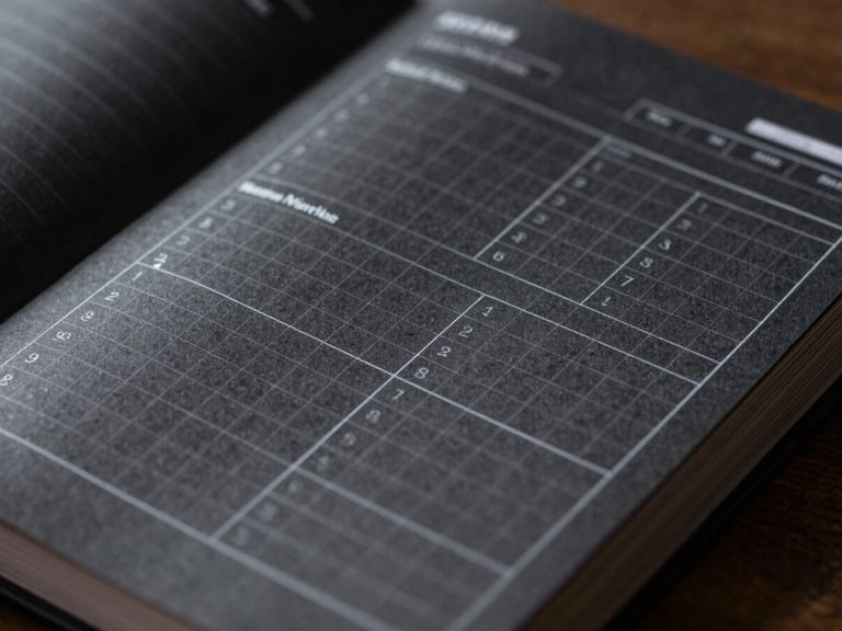 Macro side-lit photograph of a premium black paper planner with sharp white ink grids, showing daily focus metrics and structured time blocks.