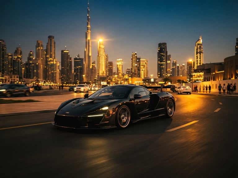 Sleek supercar driving through Downtown Dubai at golden hour, dramatic rim lighting, anamorphic lens, high-contrast obsidian and gold tones, 35mm photography