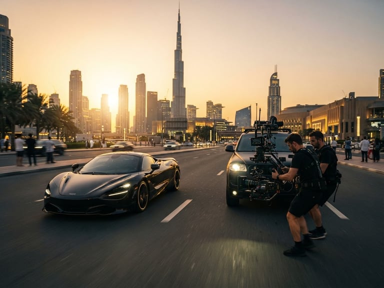 Wide panoramic shot of a professional camera rig on a tracking vehicle filming a luxury supercar at golden hour in Downtown Dubai, anamorphic lens, high-contrast rim light