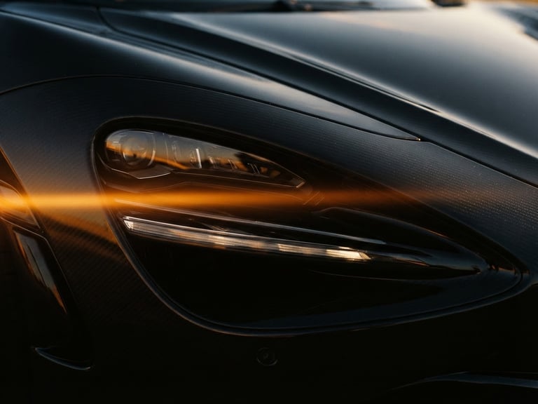 Extreme close-up of a sleek black supercar headlight, golden hour rim light reflecting off carbon fiber, anamorphic lens flare, 35mm cinematic film photography