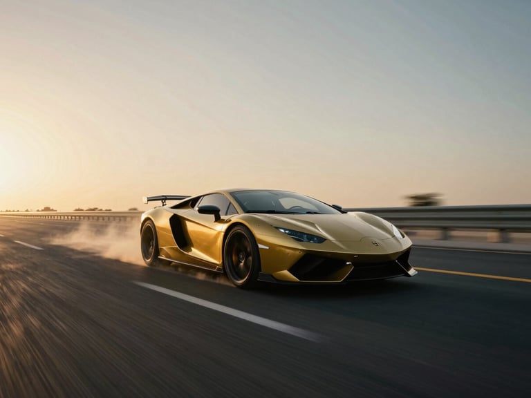 Wide low-angle tracking shot of a gold supercar speeding down a deserted Dubai highway at sunrise, dust kicking up, motion blur, anamorphic lens, cinematic film photography
