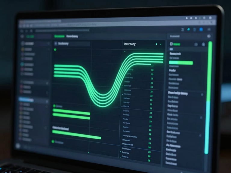 Macro shot of a dark software dashboard showing automated inventory flows, glowing neon green accents, low-key ambient lighting.
