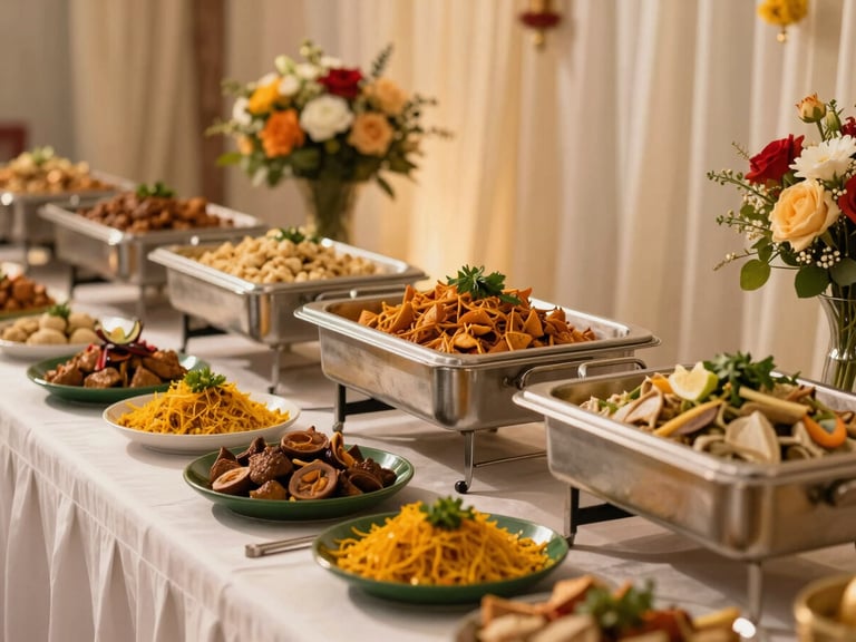 Elegant Indian wedding buffet setup with floral decorations, soft golden lighting, 35mm lens, warm editorial food photography.