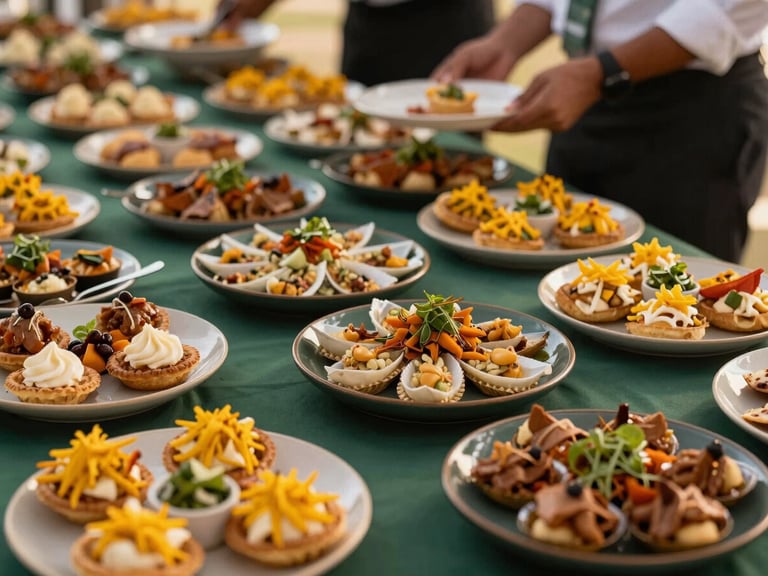 Sophisticated Indian corporate event catering setup with small plates and professional service, warm editorial food photography, 35mm lens, deep green accents.