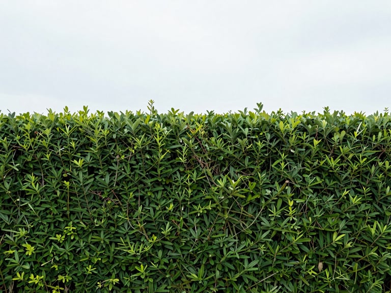 Close-up detail of a perfectly trimmed green hedge with sharp edges, bright overcast daylight, natural colors with sharp contrast, 35mm