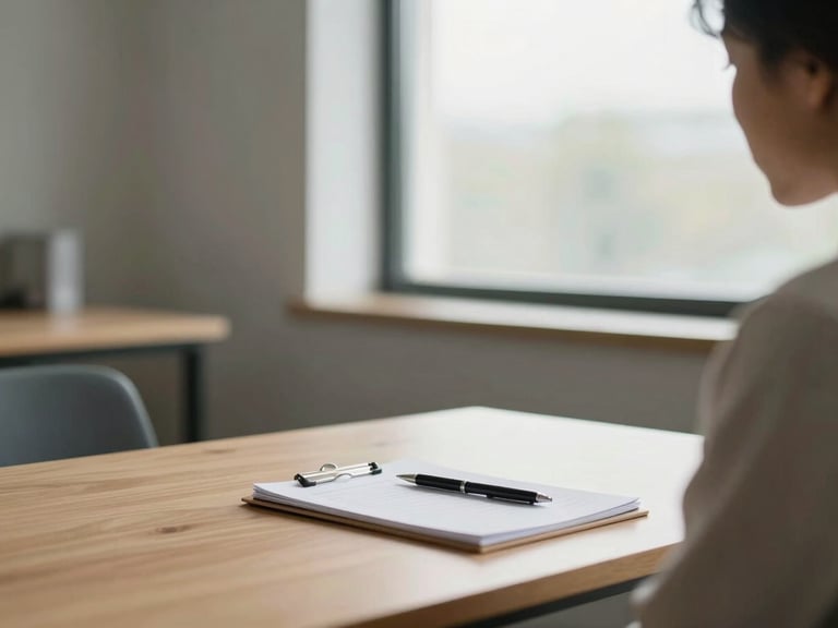A quiet, professional consultation room, soft natural daylight through a window, a clean wooden desk with a pen resting on a notepad, shallow depth of field, editorial photography