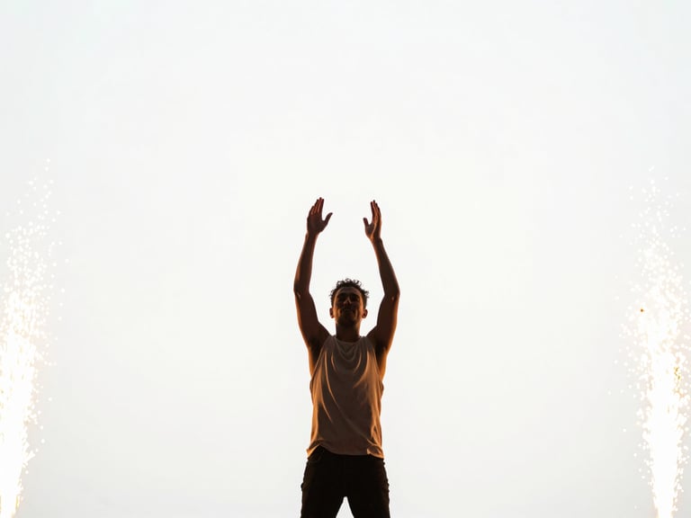 Wide-angle dynamic shot of an artist performing on a bright stage flooded with warm golden flares, hands raised, high-contrast clean white backdrop, brilliant lighting, 35mm lens