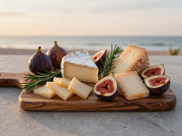 Overhead flat-lay of a premium cheese and charcuterie board on a custom walnut base, soft coastal golden-hour light, fresh figs, rosemary sprigs, 35mm