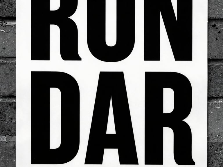Close-up of a stark typographic poster pasted on a brick wall, peeling edges, hard direct flash, high-contrast black and white, deep shadows