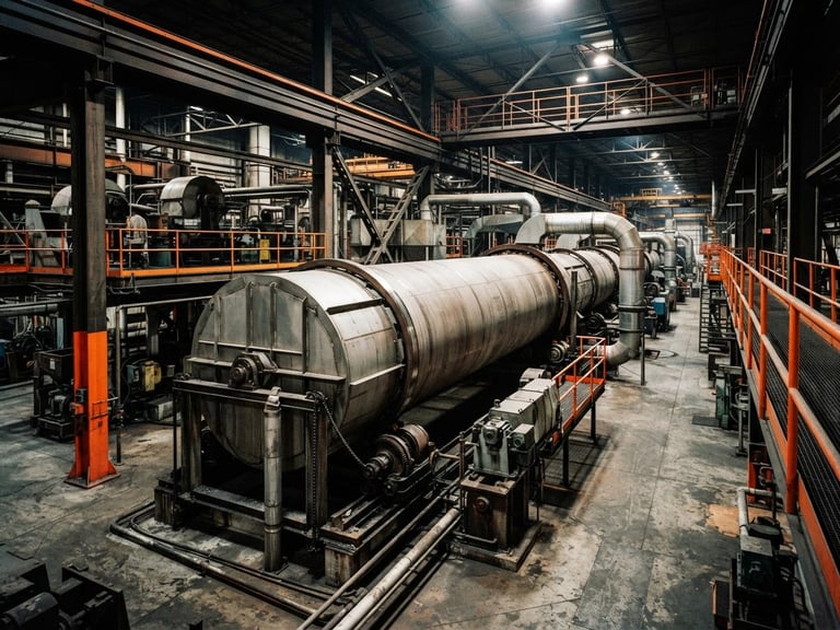 Wide-angle industrial interior showing a massive stainless steel rotary drying drum, overhead factory beams casting dramatic high-contrast shadows, safety orange accents on structural columns, 35mm photography.