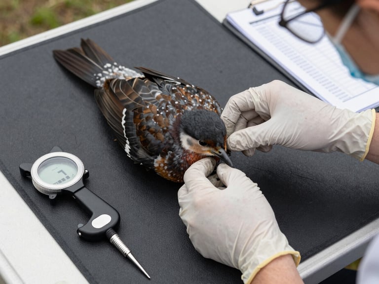 Close-up overhead view: gloved hands securing a mid-sized bird on a field examination mat, calibrated instruments and a data sheet visible at the edge, overcast natural daylight, no shadows, clinical task focus