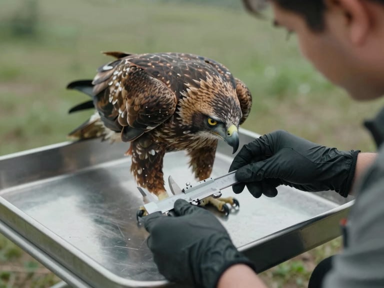 Close-up overhead of gloved technician collecting morphometric data from a medium-sized raptor on a stainless field tray, calipers visible, overcast natural light, muted greens and grays