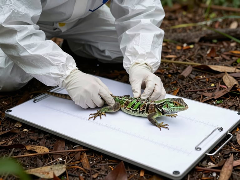 Field technician in protective gear carefully restraining a green lizard against a white measurement board on open ground, overcast diffused light, surrounding leaf litter visible, clinical framing