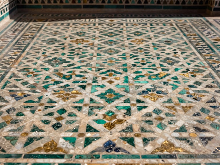 Gros plan sur un zellij marocain finement ciselé, motifs géométriques, fonds neutres crème et beige, lumière douce et dramatique, haute résolution.