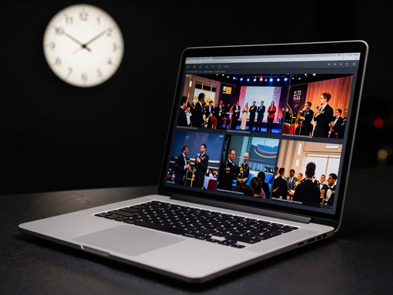 A sleek, modern laptop displaying event photography, with a clock showing early morning hours in the background, high-contrast, editorial style.