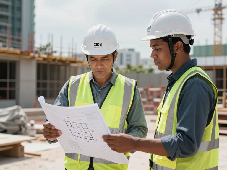 Medium shot of a site manager in a hard hat reviewing architectural blueprints with a CIDB-compliant tradesman on a bright, active Malaysian construction site.
