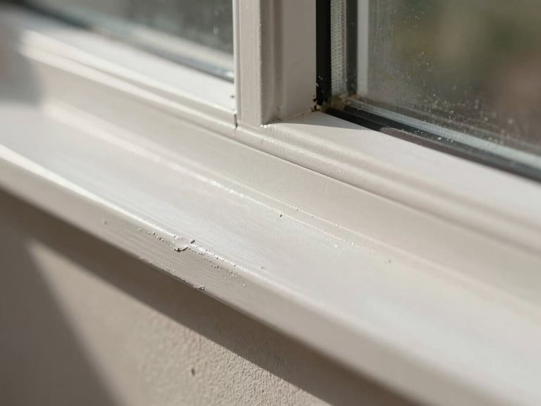 Extreme close-up of a freshly painted window trim corner, crisp paint line between wall and trim, natural daylight raking across the surface showing smooth roller finish, no people