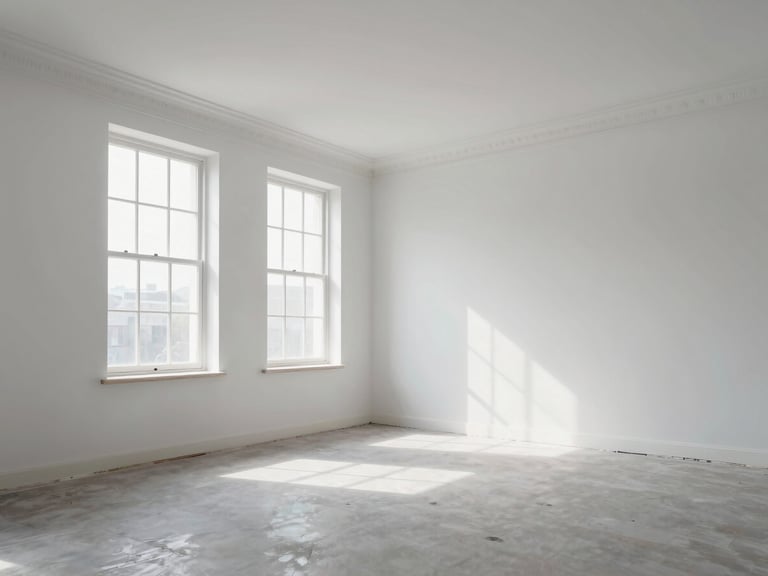 Wide interior room with freshly painted walls in soft white, natural daylight from tall windows illuminating clean edge work along crown moulding, no staging or furniture clutter