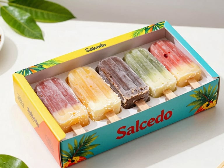 A colorful box of ten traditional layered Ecuadorian Salcedo ice cream popsicles on a bright surface, studio lighting.