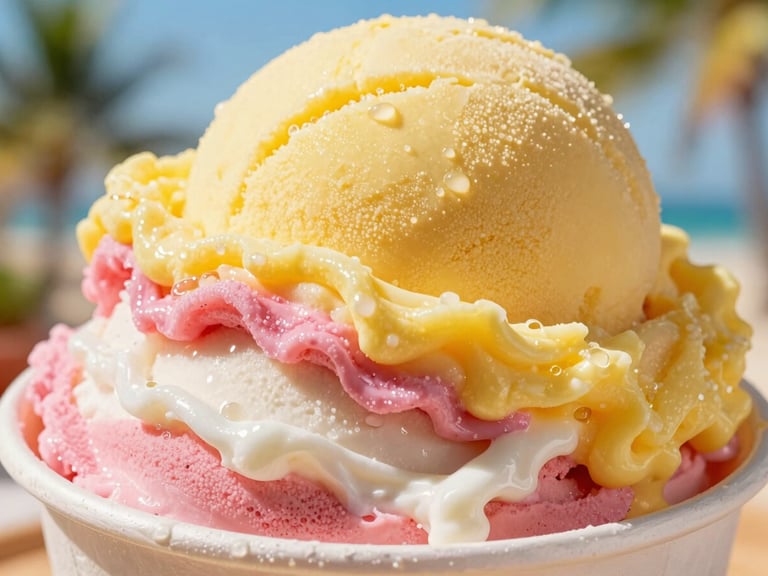 Vibrant close-up of the iconic Ecuadorian Salcedo ice cream with distinct layers of yellow, pink, and white, condensation glistening, bright natural morning light