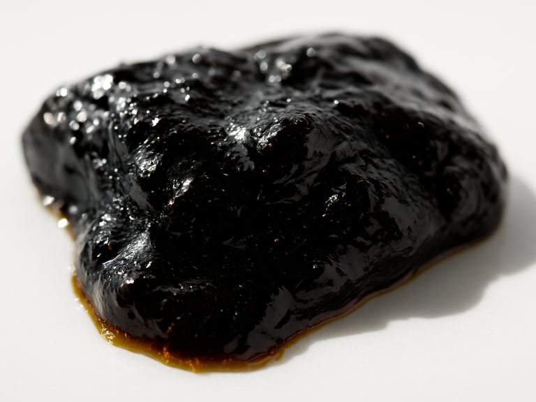 Detailed macro shot of purified Shilajit extract resin, glistening on a clean, clinical white surface under bright light.