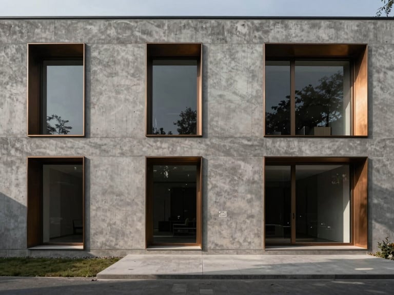 Wide-angle architectural shot of a minimalist concrete villa facade with sharp bronze window frames, dramatic afternoon shadows, high-end editorial style