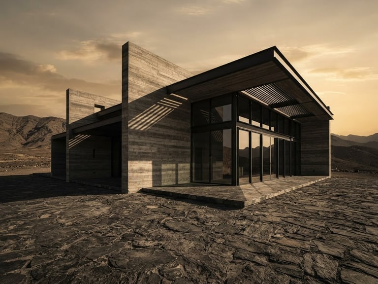 Extreme wide-angle architectural photography of a monolithic concrete and glass pavilion, sharp golden-hour shadows cutting across raw stone, desaturated charcoal tones