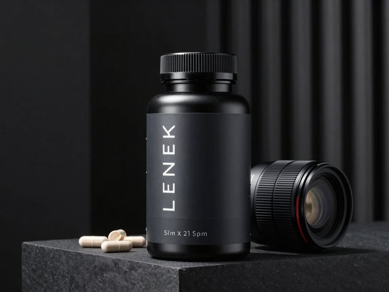 Sleek modern supplement packaging in an architectural setting, high-contrast dramatic studio lighting, deep charcoal tones, 35mm lens